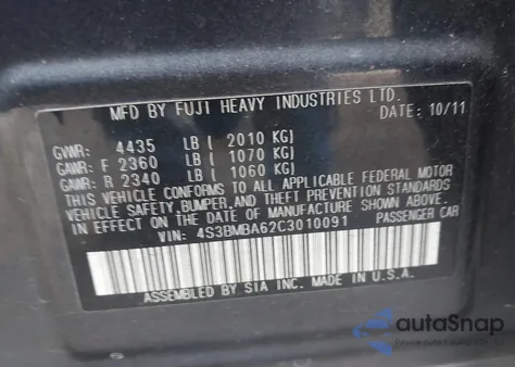 2012 Subaru Legacy 2.5I из США, поврежденный, VIN 4S3BMBA62C3010091